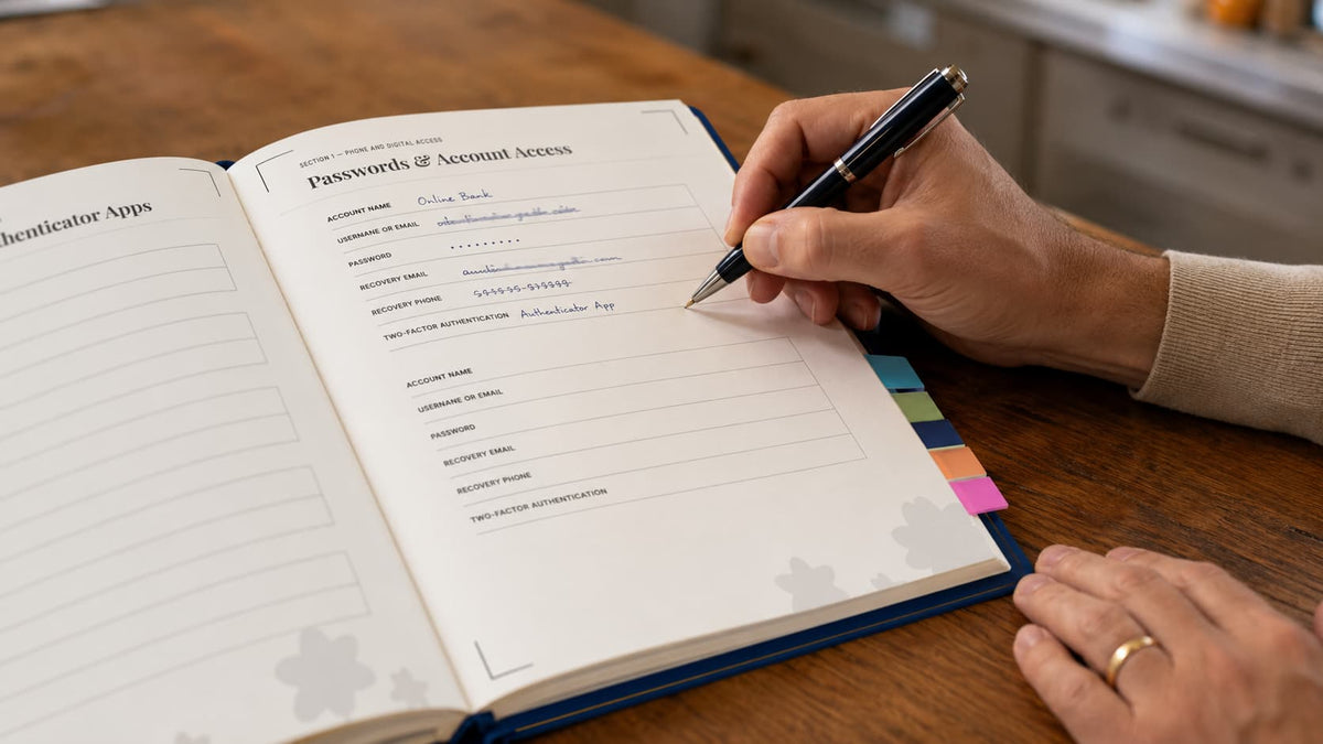 Close-up of the planner open, being filled in by hand
