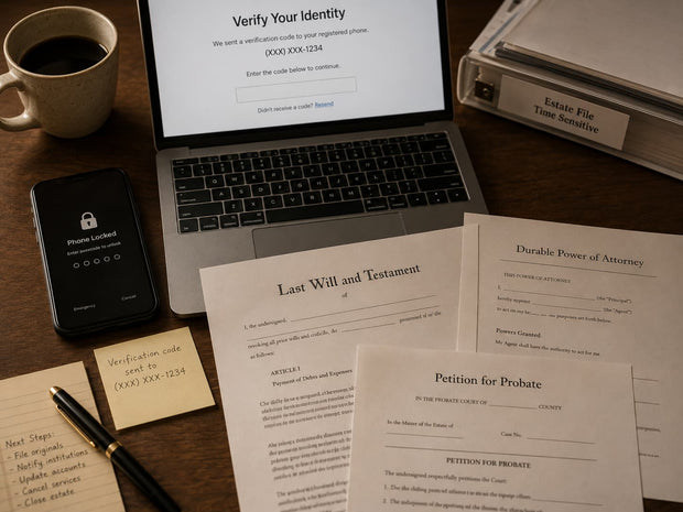 Legal documents beside a locked phone