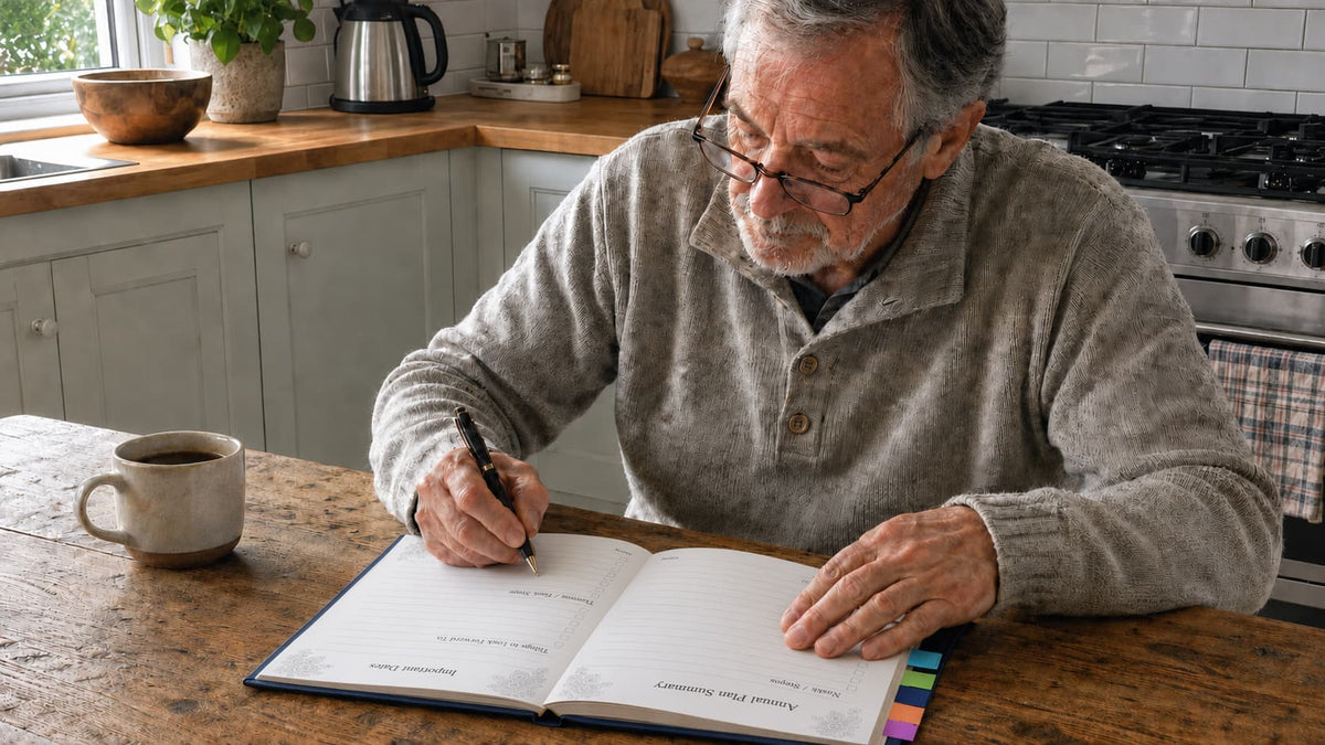 Retired father filling out an end-of-life planner at his kitchen table