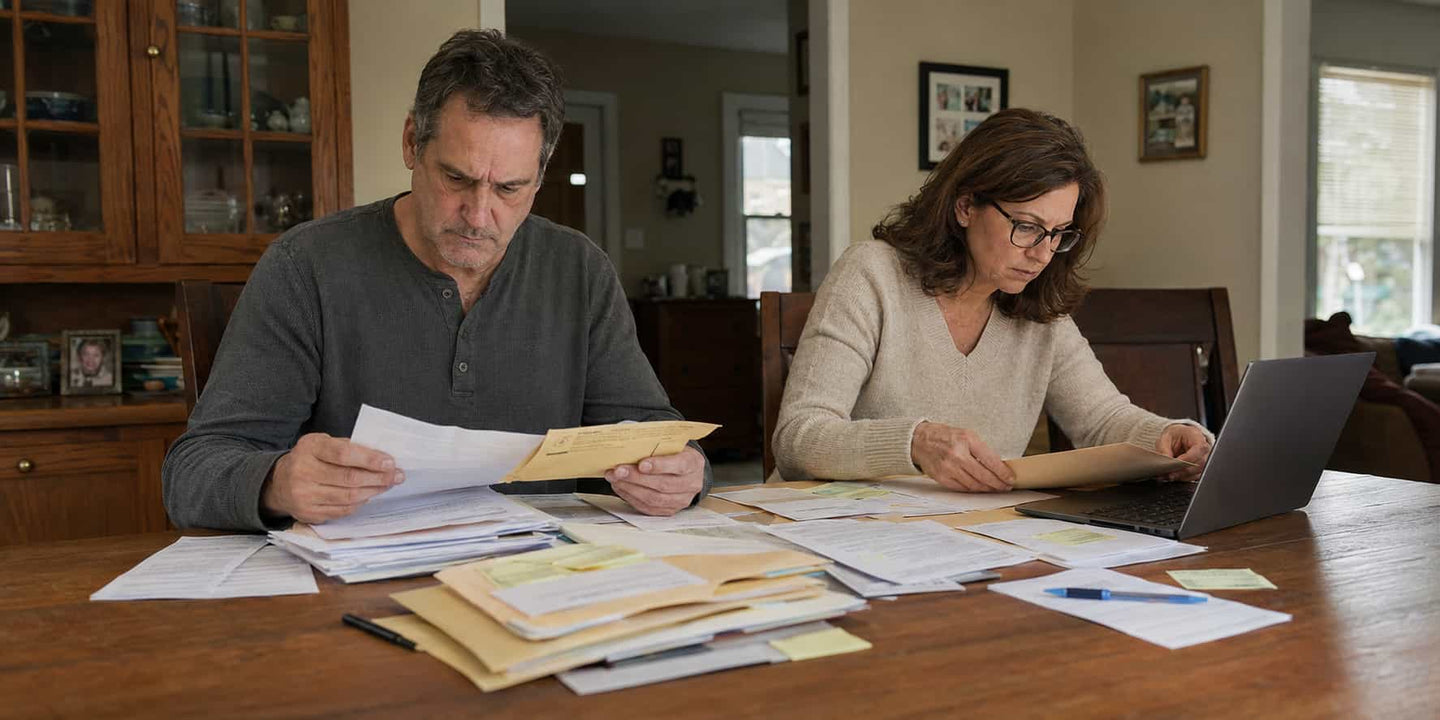 One partner managing household accounts on a phone while the other looks on